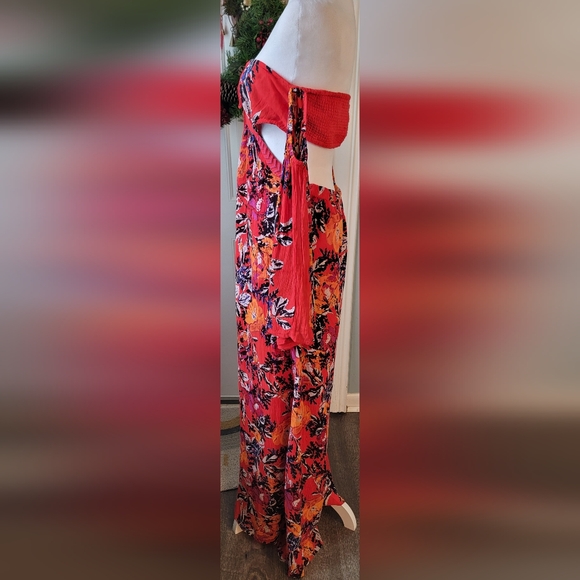 Free People Falling Flowers Jumpsuit Womens M Red Multi Floral Cutout Flowy Boho - Picture 4 of 16